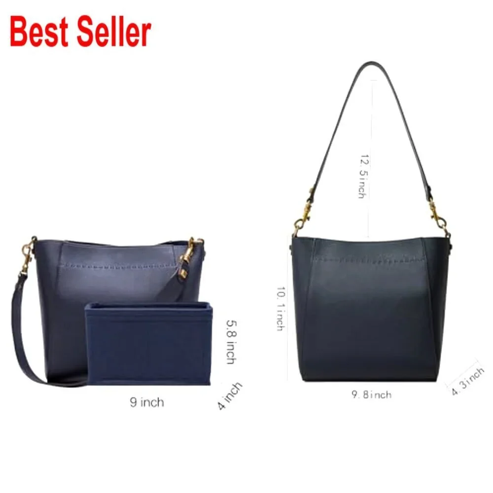 Genuine Leather Bucket Hobo Bag with Detachable Wide Strap
